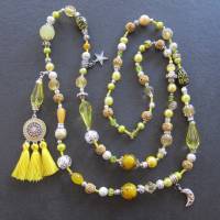Bettelkette Kette lang gelb silberfarben mit Quasten Anhänger Perlenkette Boho Ethno Ibiza Hippie Kette Handgefertigt Bild 2