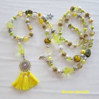 Bettelkette Kette lang gelb silberfarben mit Quasten Anhänger Perlenkette Boho Ethno Ibiza Hippie Kette Handgefertigt Bild 3