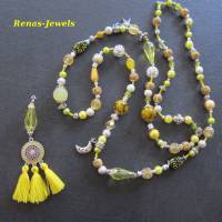 Bettelkette Kette lang gelb silberfarben mit Quasten Anhänger Perlenkette Boho Ethno Ibiza Hippie Kette Handgefertigt Bild 4