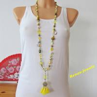 Bettelkette Kette lang gelb silberfarben mit Quasten Anhänger Perlenkette Boho Ethno Ibiza Hippie Kette Handgefertigt Bild 5
