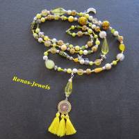Bettelkette Kette lang gelb silberfarben mit Quasten Anhänger Perlenkette Boho Ethno Ibiza Hippie Kette Handgefertigt Bild 6
