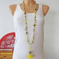 Bettelkette Kette lang gelb silberfarben mit Quasten Anhänger Perlenkette Boho Ethno Ibiza Hippie Kette Handgefertigt Bild 7