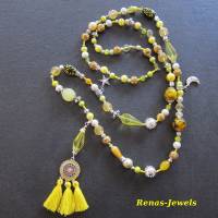 Bettelkette Kette lang gelb silberfarben mit Quasten Anhänger Perlenkette Boho Ethno Ibiza Hippie Kette Handgefertigt Bild 8