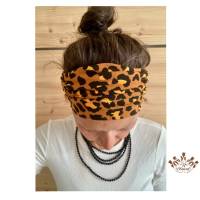 breites Stirnband, elastisches Bandana, Turban Haarband für Damen mit Leo Print in cognac/schwarz/orange Bild 1