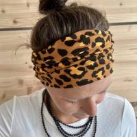 breites Stirnband, elastisches Bandana, Turban Haarband für Damen mit Leo Print in cognac/schwarz/orange Bild 2
