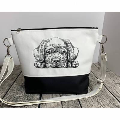 Hund, Umhängetasche, Handtasche - aus tollem Kunstleder genäht und bestickt - süßer Hund - Labrador - 30 x 32 x 8 cm