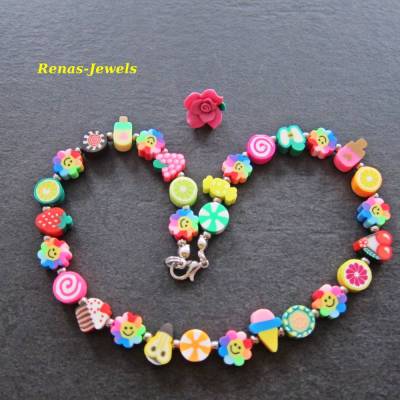 Kinderkette bunt Früchte Cup Cake Eis Bonbons Blume Perlen Kinder Kette PolymerClay Mädchenkette