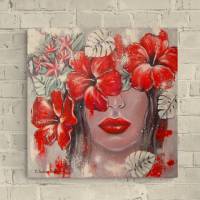MYSTERIOUS LOVE - Acrylgemälde mit Hibiskus und Frangipani 60cmx60cm Bild 1