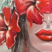 MYSTERIOUS LOVE - Acrylgemälde mit Hibiskus und Frangipani 60cmx60cm Bild 3