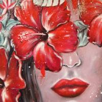 MYSTERIOUS LOVE - Acrylgemälde mit Hibiskus und Frangipani 60cmx60cm Bild 4