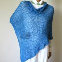 Blauer Poncho aus Baumwolle, gestricktes Cape für den Sommer, Grobstrick Boho Überwurf Bild 2