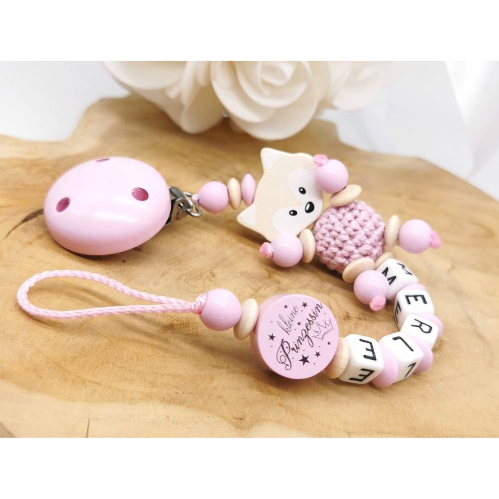 Schnullerkette mit Namen FUCHS ♥ Mini Prinzessin ♥ Babygeschenk Mädchen rosa 