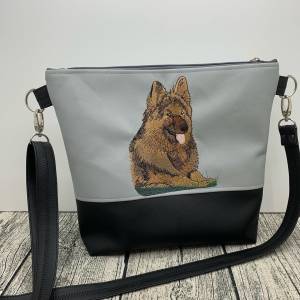 Tasche Schäferhund Milow Handtasche Umhängetasche aus tollem Kunstleder handmade bestickt genäht grau schwarz Bild 1