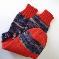 Handgestrickte Socken für Kinder, Jungs und Mädels, Gr. 29/30, Wollsocken Kindersocken blau-grau meliert und orange-rot Bild 1