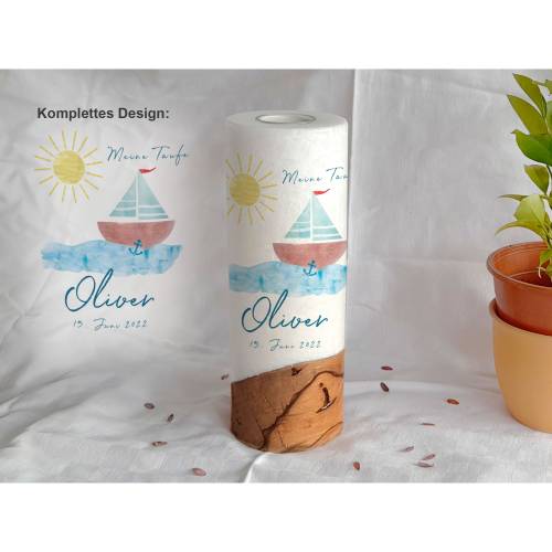 Taufkerze mit Holz Design Segelboot