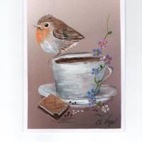 Grußkarte,  Einladung zum Kaffee-    Vogelkind mit Schokokeks - handgemalt