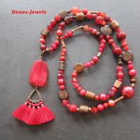 Bettelkette Kette lang rot braun mit Quasten Anhänger Perlenkette Bohokette Ethno Hippie Kette Bild 1