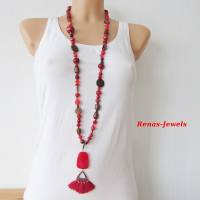 Bettelkette Kette lang rot braun mit Quasten Anhänger Perlenkette Bohokette Ethno Hippie Kette Bild 2