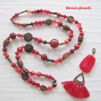 Bettelkette Kette lang rot braun mit Quasten Anhänger Perlenkette Bohokette Ethno Hippie Kette Bild 3