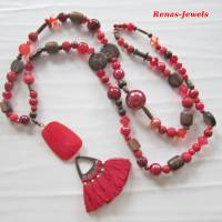 Bettelkette Kette lang rot braun mit Quasten Anhänger Perlenkette Bohokette Ethno Hippie Kette Bild 5