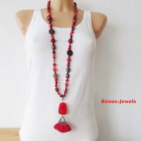 Bettelkette Kette lang rot braun mit Quasten Anhänger Perlenkette Bohokette Ethno Hippie Kette Bild 6