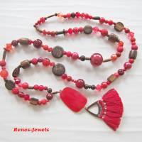 Bettelkette Kette lang rot braun mit Quasten Anhänger Perlenkette Bohokette Ethno Hippie Kette Bild 7