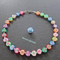 Kinderkette bunt Herz Perlen mit Blumen Kinder Kette Herzkette PolymerClay Mädchenkette Bild 1