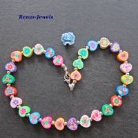 Kinderkette bunt Herz Perlen mit Blumen Kinder Kette Herzkette PolymerClay Mädchenkette Bild 3