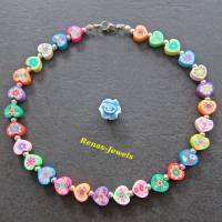 Kinderkette bunt Herz Perlen mit Blumen Kinder Kette Herzkette PolymerClay Mädchenkette Bild 6