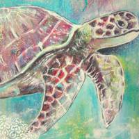 FLOATING TURTLE  mit Ornamenten - abstraktes Leinwandbild 50cmx50cm, gemalte Schildkröte Bild 9