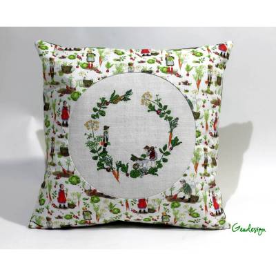 Deko - Kissen "Gartenkranz" aus Leinen und Baumwollstoffen
