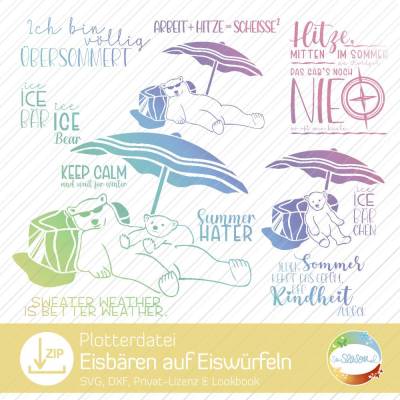 Plotterdatei Eisbär auf Eiswürfeln, schwitzendes Eisbär-Baby, Sayings Winter und Sommer, Hitze-Sprüche, cooler Polarbär