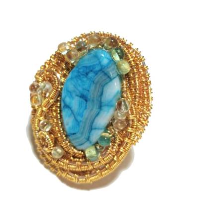 Ring türkis Jaspis gestreift grau handgemacht Naturschmuck wirework goldfarben boho Geschenk