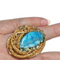 Ring türkis Jaspis gestreift grau handgemacht Naturschmuck wirework goldfarben boho Geschenk Bild 2