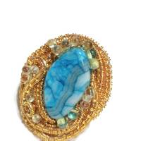 Ring türkis Jaspis gestreift grau handgemacht Naturschmuck wirework goldfarben boho Geschenk Bild 3