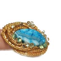 Ring türkis Jaspis gestreift grau handgemacht Naturschmuck wirework goldfarben boho Geschenk Bild 5