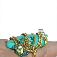 Ring mit Türkis 45 x 20 mm handgemacht in wirework goldfarben türkisgrün verstellbar Hippy boho chic Bild 5