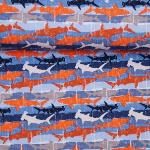 French Terry Sommersweat rot orange blau Hai Streifen Stoff nähen 50cm Bild 1