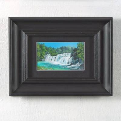 Miniatur Landschaft Bild in Grün, Wasserfälle Original Gemälde