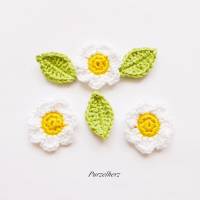 6-teiliges Häkelset: Gänseblümchen mit Blättern - Aufnäher,Häkelapplikation,Hochzeit,Häkelblume,Tischdeko,weiß,gelb Bild 1
