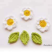 6-teiliges Häkelset: Gänseblümchen mit Blättern - Aufnäher,Häkelapplikation,Hochzeit,Häkelblume,Tischdeko,weiß,gelb Bild 2