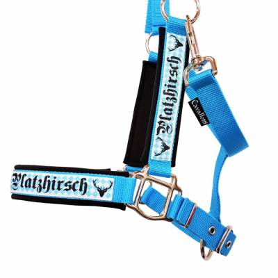 Halfter Shetty Platzhirsch hellblau – 3-fach verstellbar, handgefertigtes Pferdehalfter in der Größe Shetty
