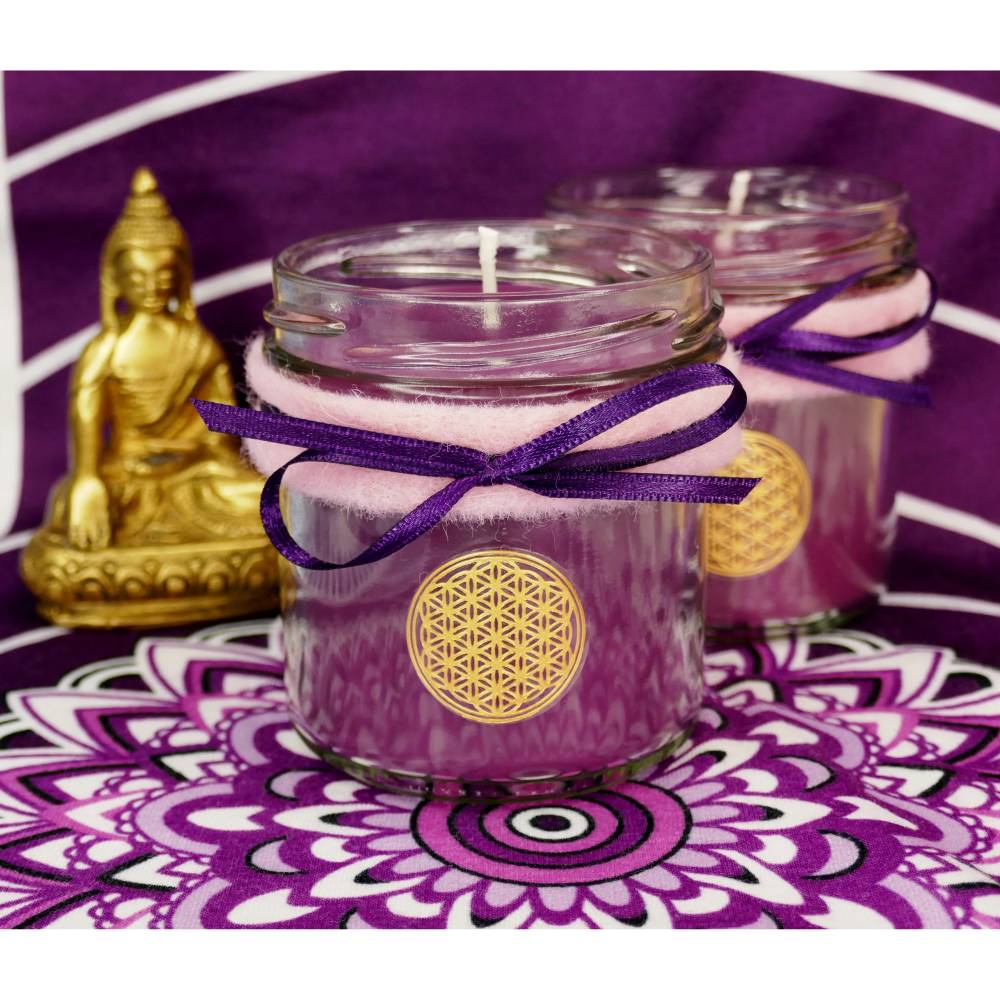 Chakra Kerze | Kronen Chakra | Violett | Blume des Lebens | Kerze im Glas | Spirituelle Kerze | Yoga Kerze Bild 1