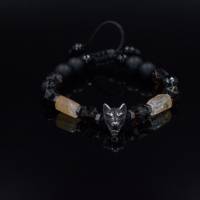 Herren Armband aus Edelsteinen Citrin Rauchquarz Onyx Achat mit Wolfskopf, Makramee Armband, Geschenk für Mann, 10 mm Bild 1