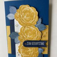 3D  Geburtstagskarte  Blau/Gelb mit Rosen Handgefertigt Bild 1