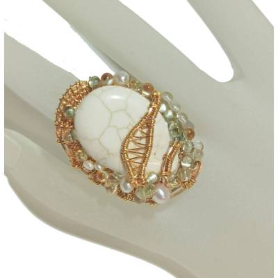 großer Ring Perlen an Jaspis 45 x 30 mm handgemacht in wirework goldfarben hippy Handschmuck