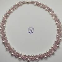 Wunderschönes Perlencollier mit 2 unterschiedlichen Seiten, beidseitig tragbar, handgefertigt in weiß, silber, rosé, Bild 1