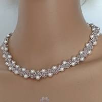 Wunderschönes Perlencollier mit 2 unterschiedlichen Seiten, beidseitig tragbar, handgefertigt in weiß, silber, rosé, Bild 4