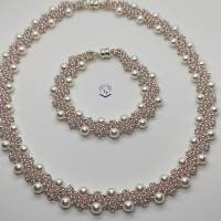 Wunderschönes Perlencollier mit 2 unterschiedlichen Seiten, beidseitig tragbar, handgefertigt in weiß, silber, rosé, Bild 6