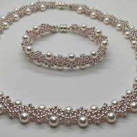 Wunderschönes Perlencollier mit 2 unterschiedlichen Seiten, beidseitig tragbar, handgefertigt in weiß, silber, rosé, Bild 7